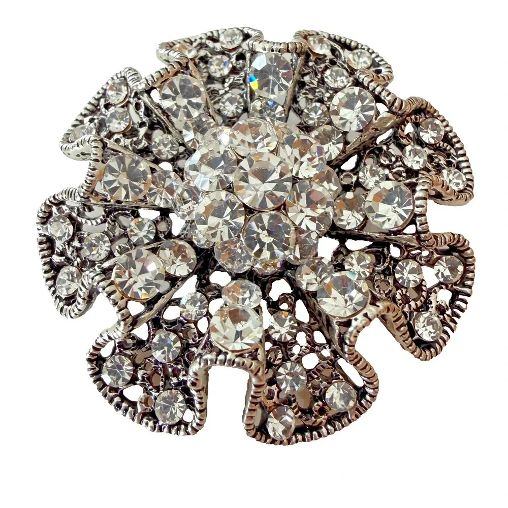 Vintage Rhinestone Statement Ruffle Edge Brooch Sparkle Silver Tone Clear Stones